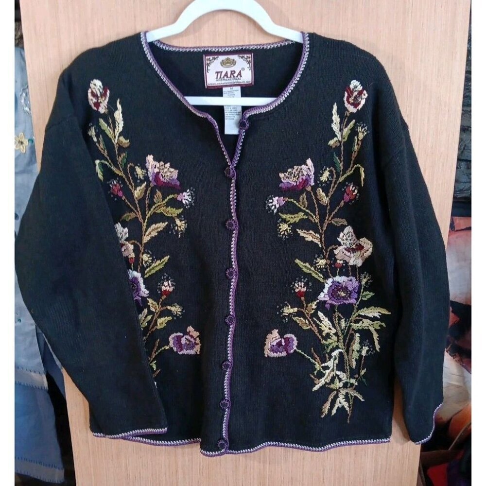 Tiara International Size M Cardigan Sweater Black Embroidered Beads Purple Trim